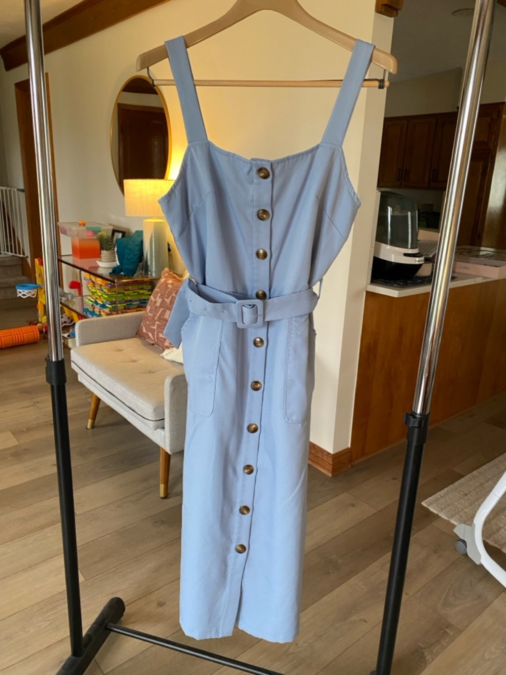 SHEIN Light Blue Button-Front Belted Midi Dress
